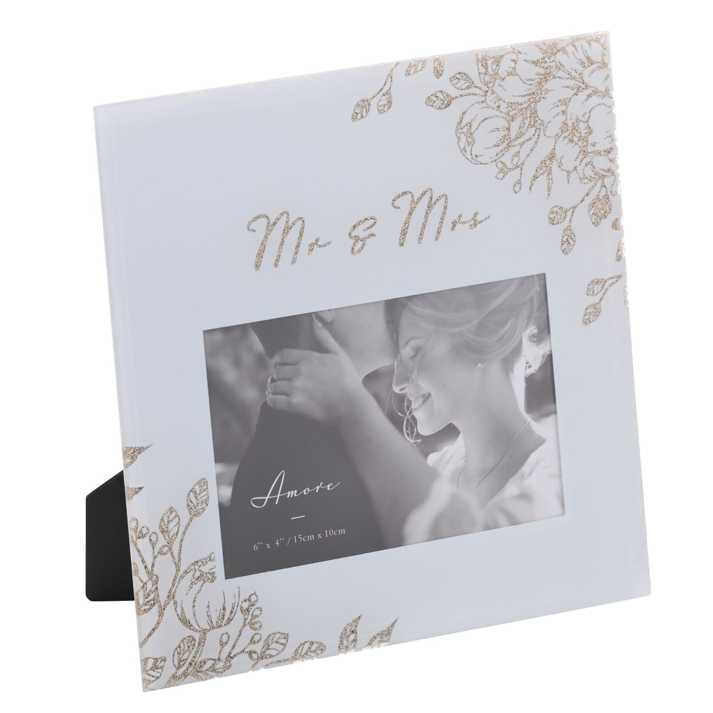 'Mr & Mrs' Pale Grey Glass Gold Floral Frame 4" x 6"