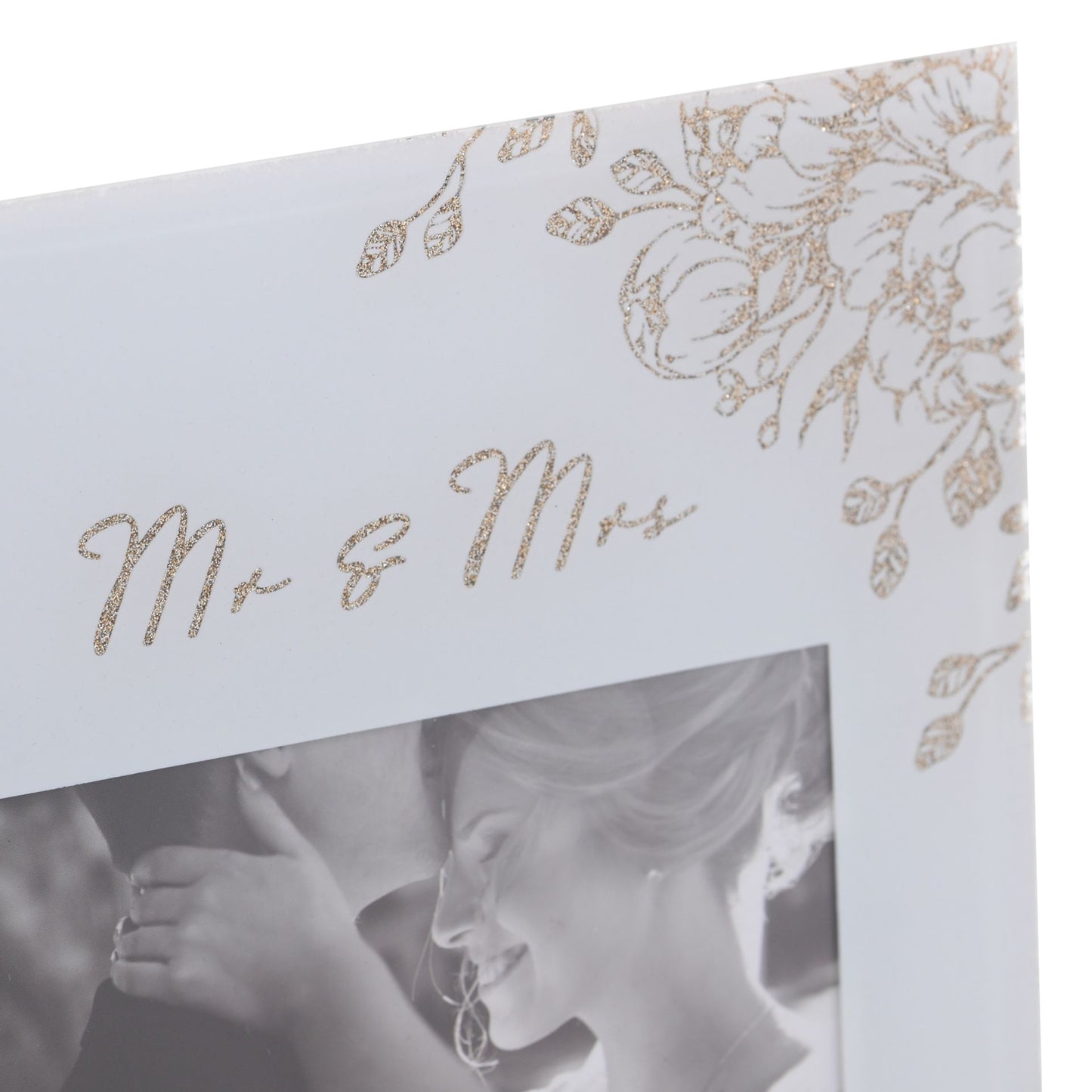 'Mr & Mrs' Pale Grey Glass Gold Floral Frame 4" x 6"