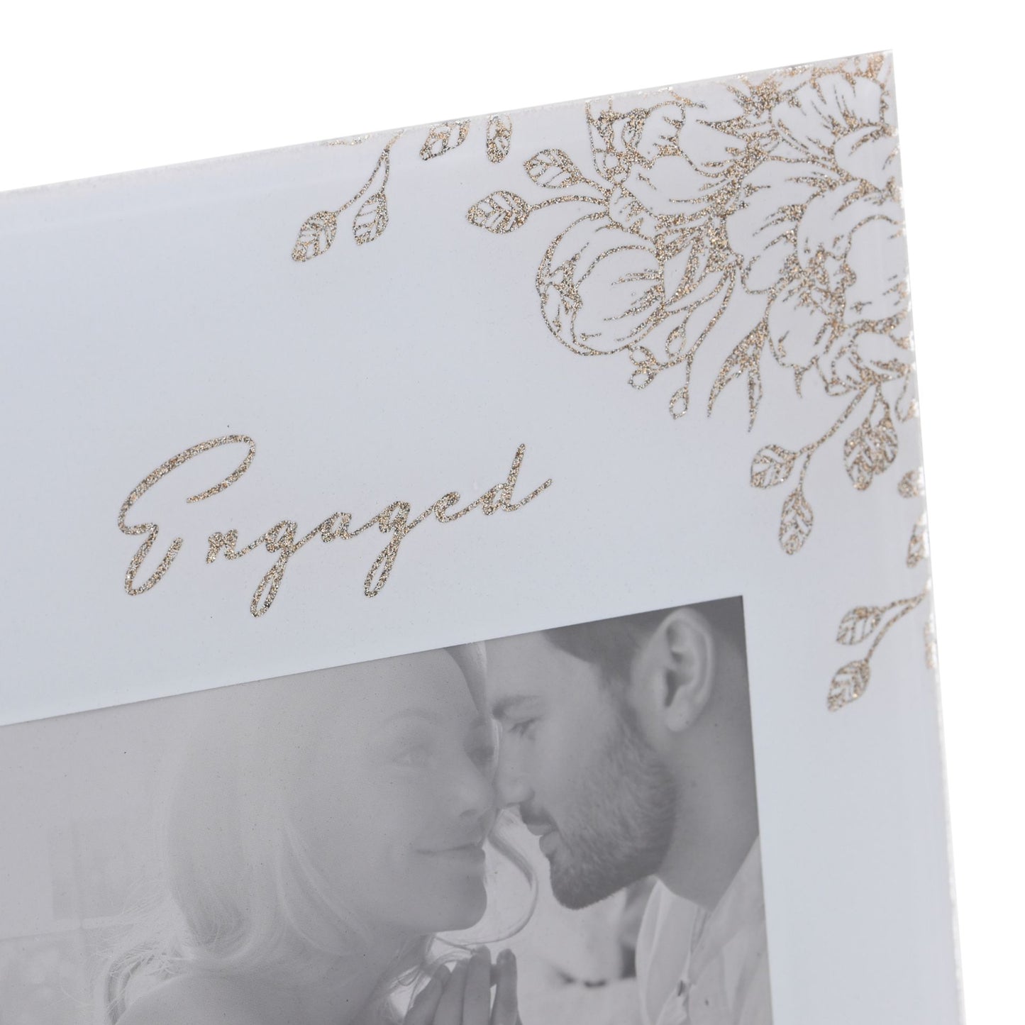 'Engaged' Pale Grey Glass Gold Floral Frame 6" x 4"