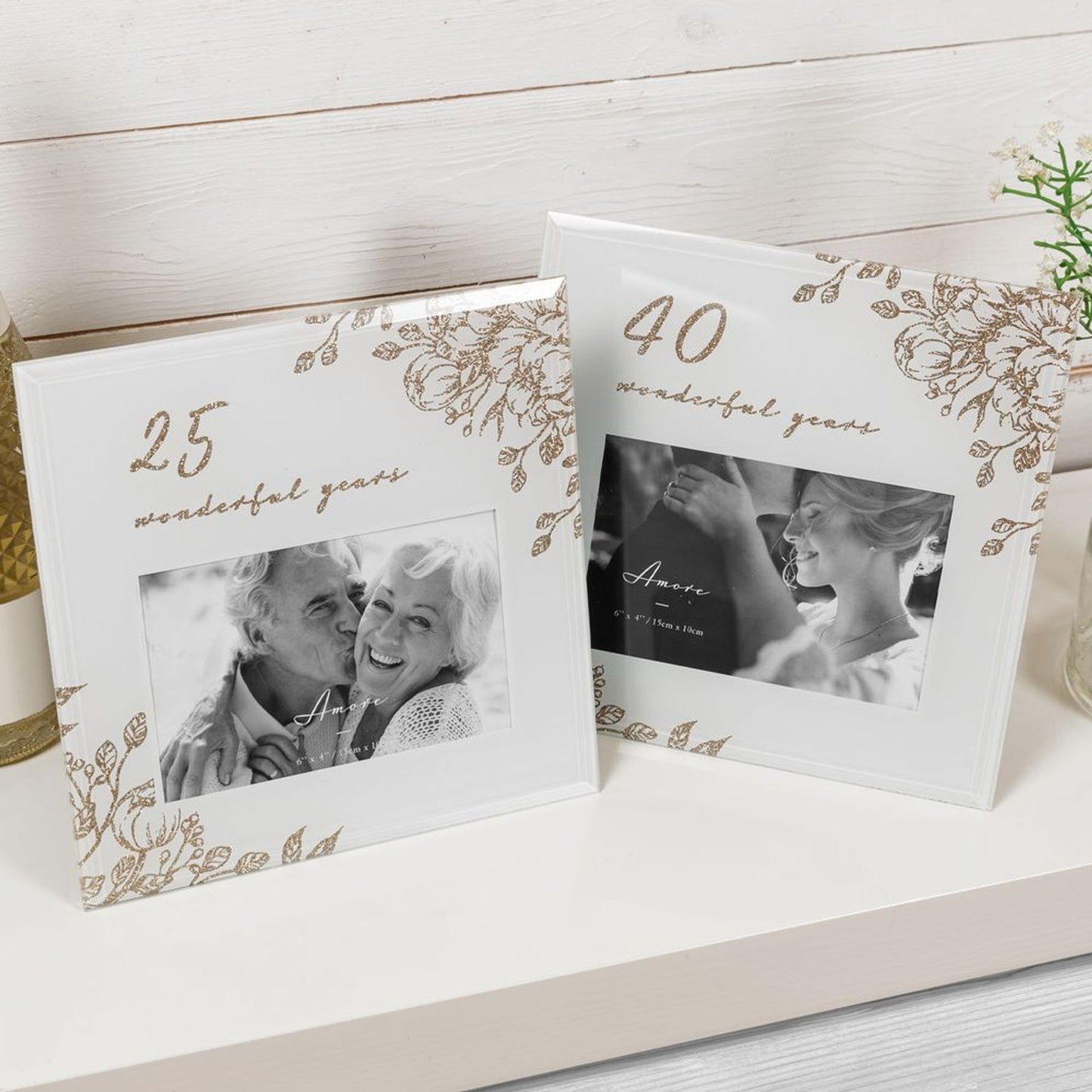 40 Wonderful Years Pale Grey Glass Gold Floral Frame 6" x 4"