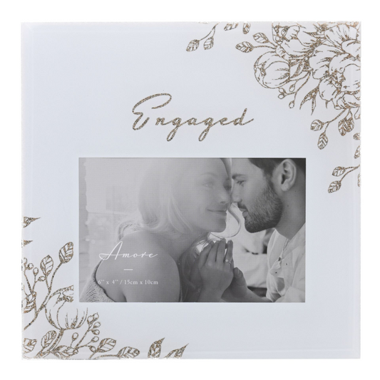 'Engaged' Pale Grey Glass Gold Floral Frame 6" x 4"