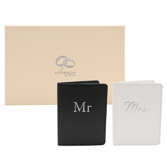 Amore Set of 2 Passport Holders Black & White - 'Mr & Mrs'