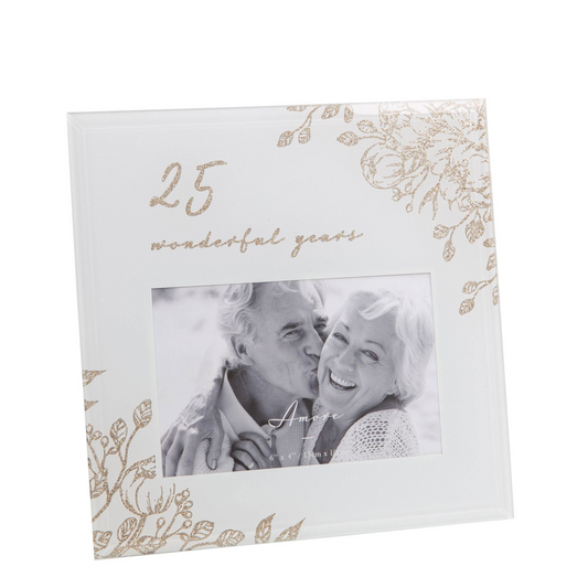 25 Wonderful Years Pale Grey Glass Gold Floral Frame 6" x 4"