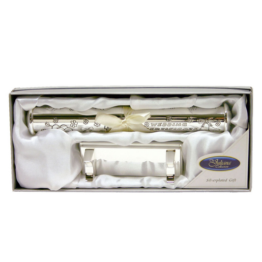 Silverplated wedding Cert holder & stand complete