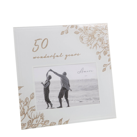 50 Wonderful Years Pale Grey Glass Gold Floral Frame 6" x 4"