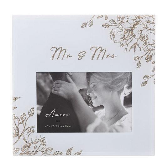 'Mr & Mrs' Pale Grey Glass Gold Floral Frame 4" x 6"