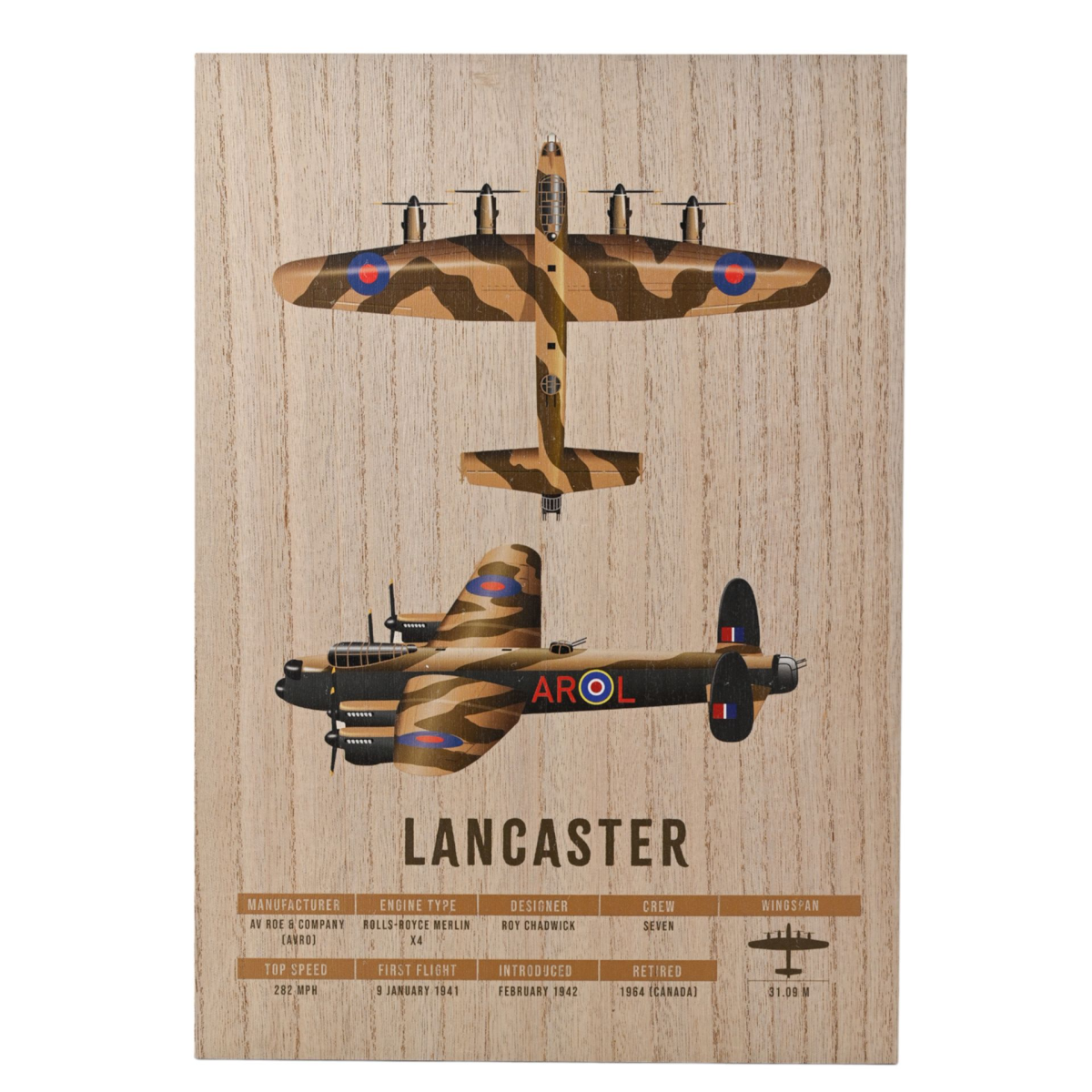 RAF Wood Effect A3 Wall Plaque - Lancaster Bomber