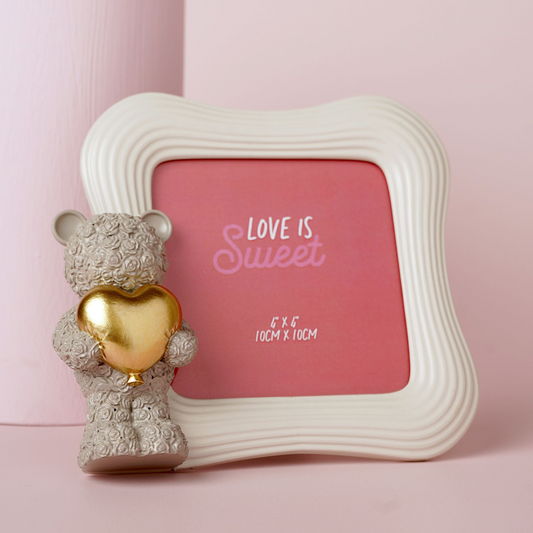 Love Is Sweet Grey/White Square Photo Frame 4" x 4" - Baby Bear Holding A Heart
