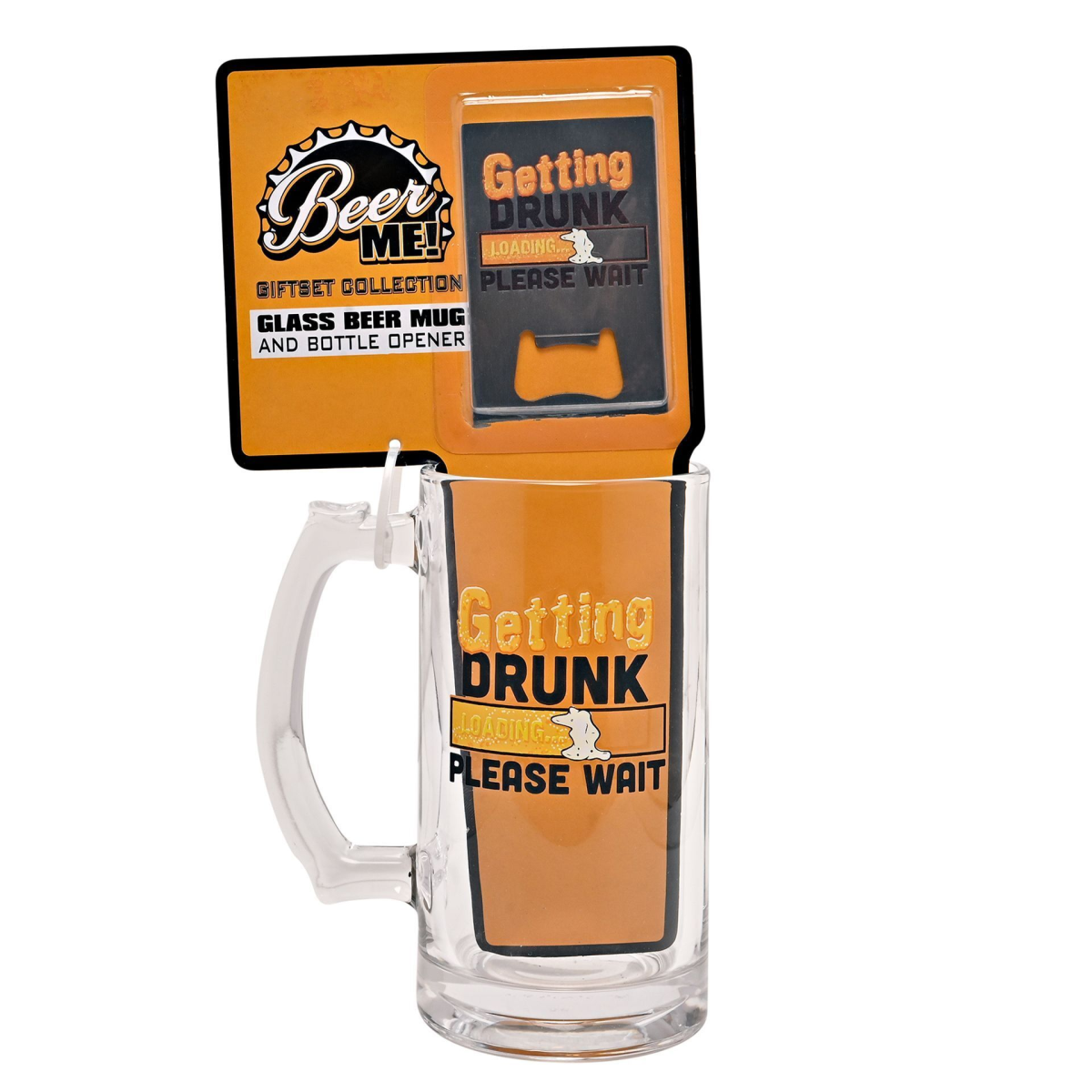 Harvey Makin 16oz Glass Beer Tankard & Bottle Opener Set 'Getting Drunk (Loading) Please Wait'