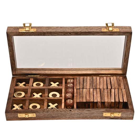 Harvey Makin Dominoes, Tic Tac Toe & Dice Set - Brown Wood